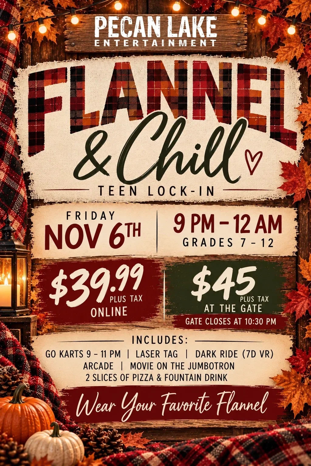 Flannel & Chill Teen Lock-In flyer: Friday, November 6, 9 PM to 12 AM, grades 7 to 12