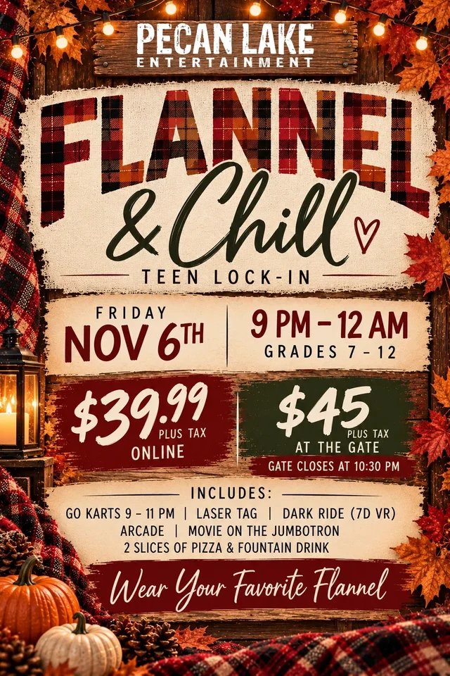 Flannel & Chill Teen Lock-In flyer: Friday, November 6, 9 PM to 12 AM, grades 7 to 12