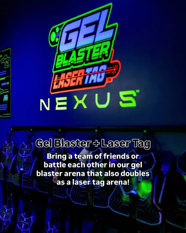 Neon sign for Gel Blaster Laser Tag Nexus in blue and green with event promo text